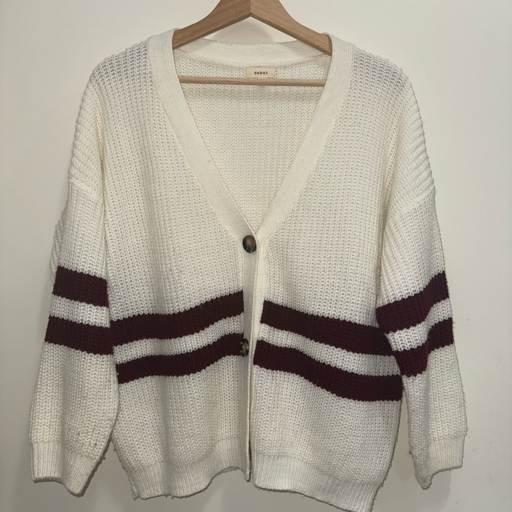 Cream Button-Front Cardigan Sweater with Burgundy Stripes